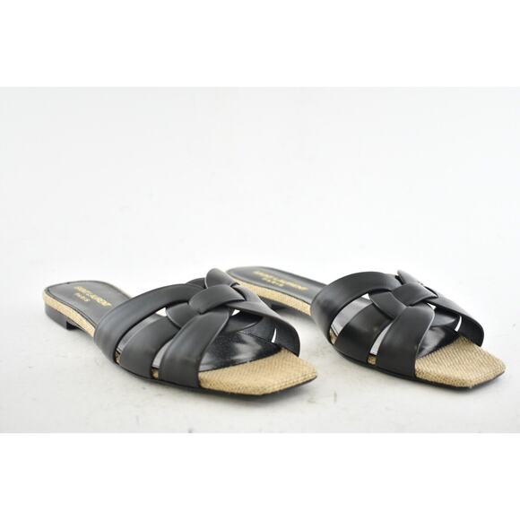 Saint Laurent YSL Tribute Nu Pieds Black Leather Beige Rope Slide Sandal Flat 36 - Picture 4 of 12